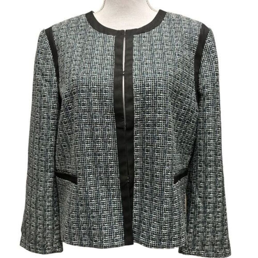 ANN TAYLOR BLACK CREAM AND BLUE SHORT WOVEN TWEED JACKET SIZE 14